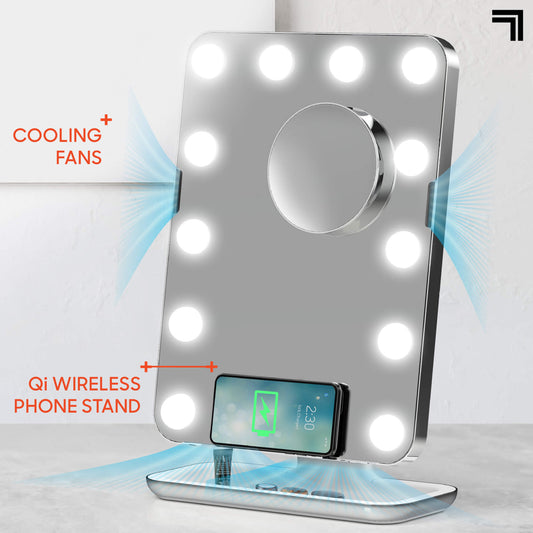 Hollywood Vanity Lighted Mirror highlighting cooling fans and Qi wireless phone stand