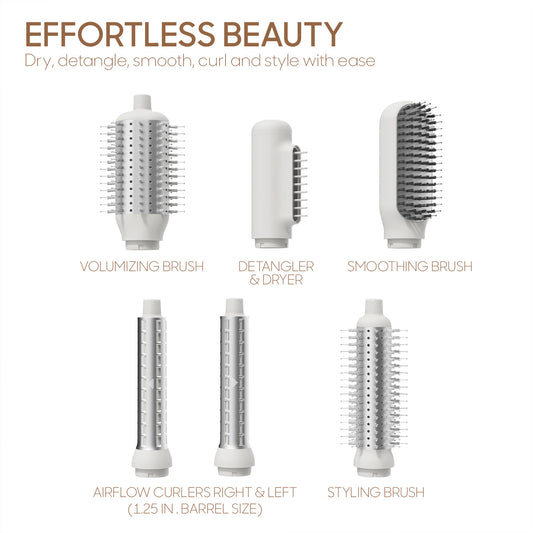 6-In-1 Airflow Hair Styler attachments volumizing brush, detangler and dryer, smoothing brush, airflow curlers right and left (1.25 inches barrel size) on white background 