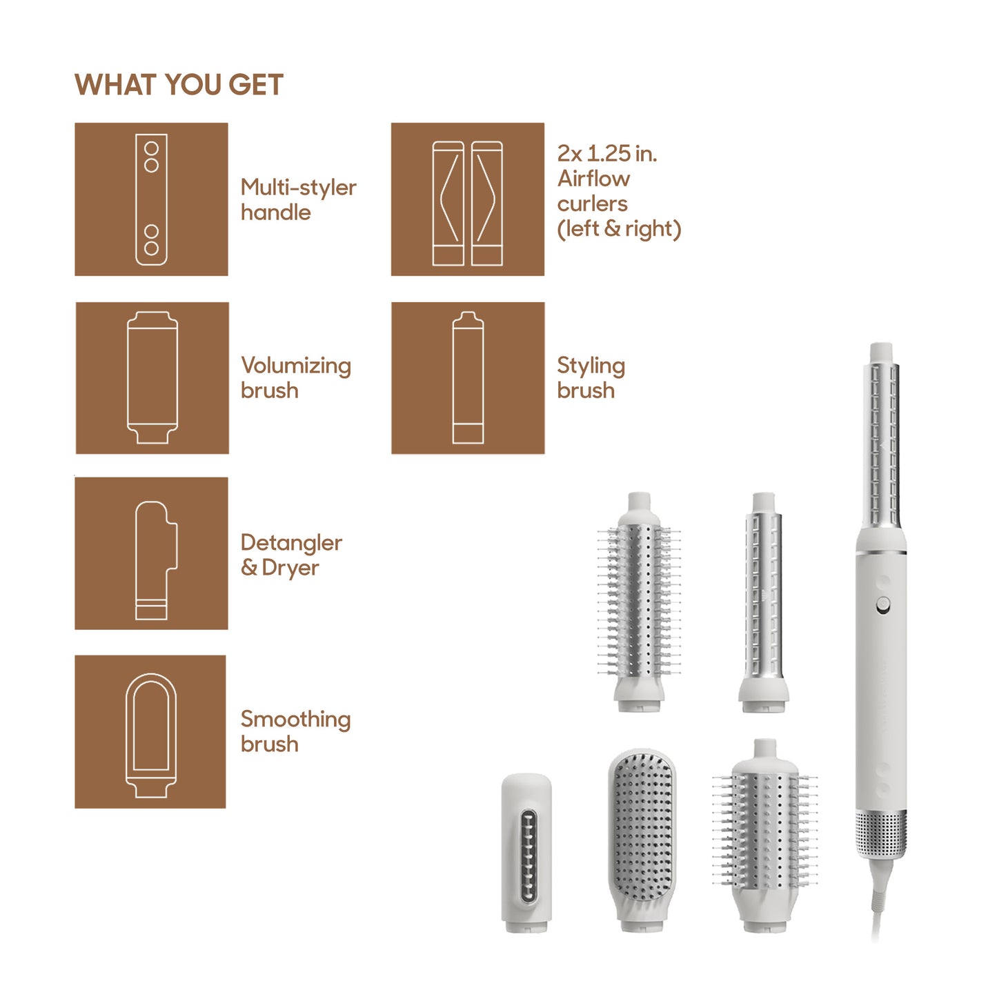 6-In-1 Airflow Hair Styler with attachments on white background what you get with multi-style handle, volumizing brush, detangler and dryer, smoothing brush, 2 by 1.25 inch airflow curlers (left and right), stying brush