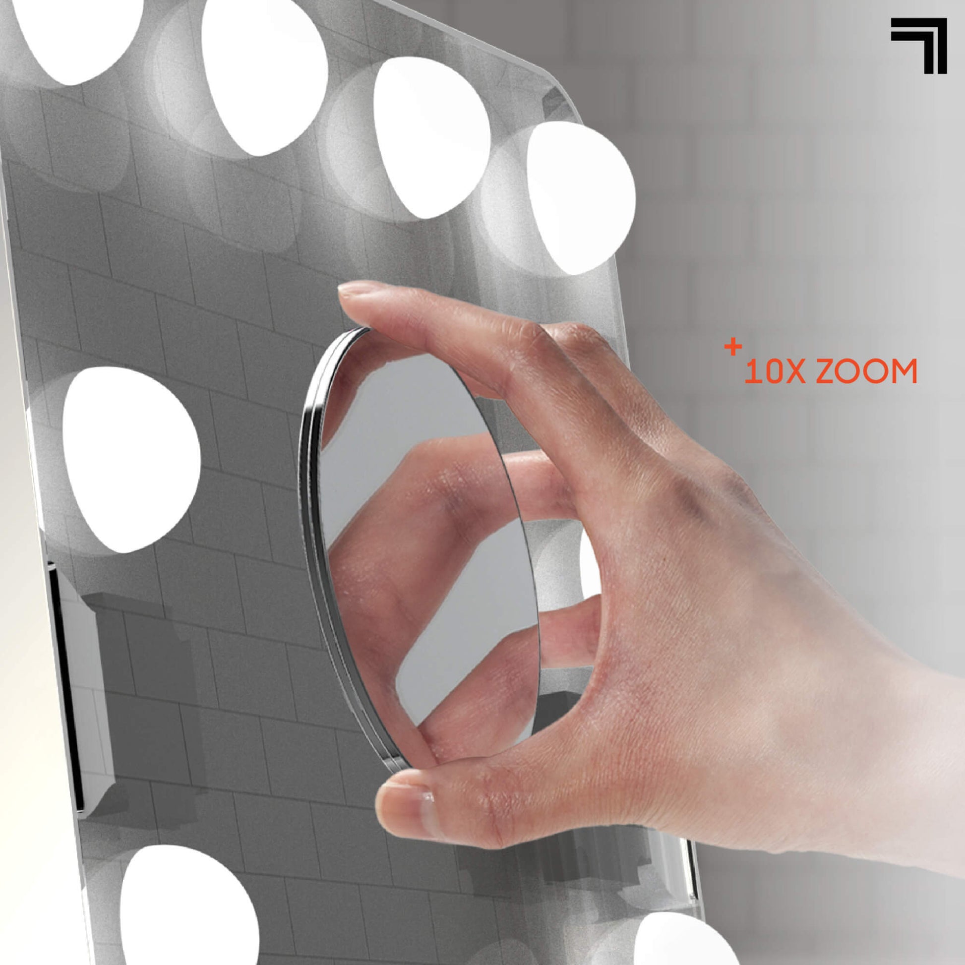 Hollywood Vanity Lighted Mirror showing hand highlighting 10 times zoom