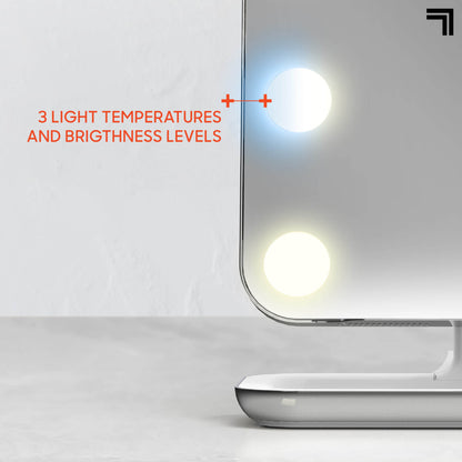 Hollywood Vanity Lighted Mirror zoomed in on light to highlight 3 light temperatures and brightness levels